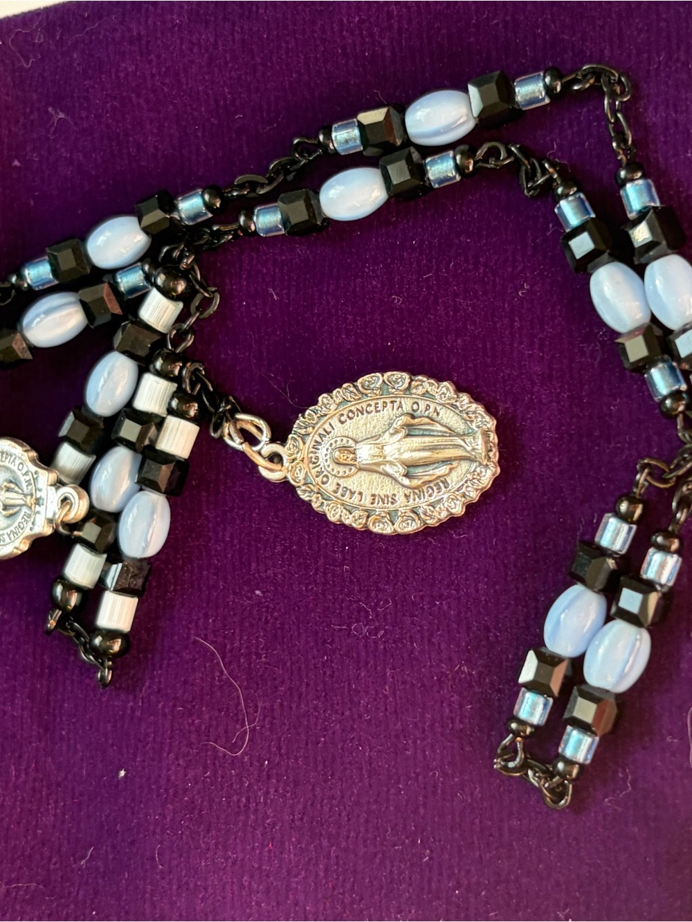 4/$100 Virgin Mary Medal Beaded Rosary Necklace in Light Blue and Black